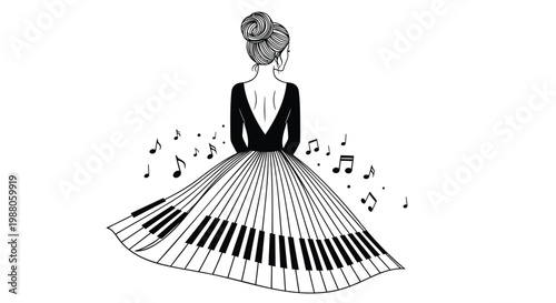 Music, Piano, Female Illustration, Black and White, Vector, Musical Notes, Fashion Design