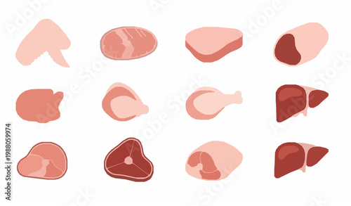 Minimal chicken meat cuts set poultry parts collection modern flat vector illustration isolated on white background