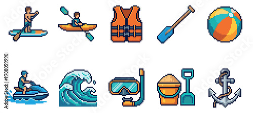 This pixel art collection features a variety of water sports and beach activity icons, including a paddleboarder, kayaker, life vest, paddle, beach ball, jet ski, wave, snorkel, sand bucket.