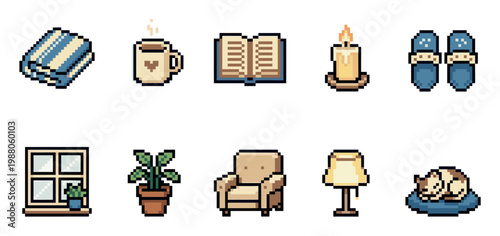 A collection of pixel art icons representing cozy home elements, including a blanket, coffee cup, book, candle, slippers, window, plant, armchair, lamp, and sleeping cat.