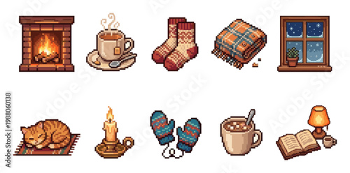 A charming pixel art collection depicting cozy winter elements like a fireplace, hot tea, warm socks, a blanket, and a sleeping cat.