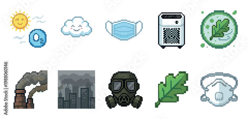 This pixel art collection features icons representing pollution, environmental protection, and health measures like masks and air purifiers, perfect for educational or informational graphics.
