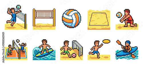 A set of pixel art illustrations depicts various beach sports and activities, including volleyball, surfing, soccer, frisbee, and kayaking.