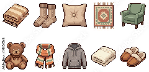 A collection of warm, comforting objects illustrated in a retro pixel art style. Perfect for cozy themes, autumn, or winter designs.