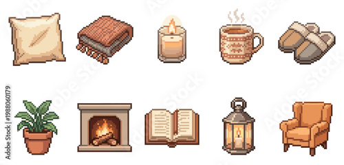 A charming collection of pixel art icons depicting elements of coziness and hygge, perfect for digital designs evoking warmth and comfort.