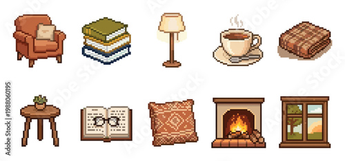 A charming pixel art collection featuring cozy home elements like an armchair, books, lamp, tea, blanket, plant, fireplace, and window for a warm, inviting atmosphere.