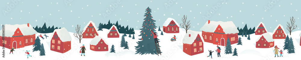 Fototapeta premium Cute hand drawn seamless Winter landscape with happy people playing, shopping, walking, Vector horizontal banner winter wonderland