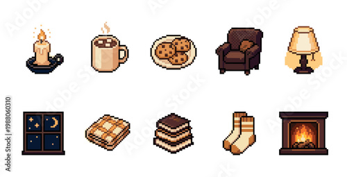 A collection of charming pixel art icons depicting cozy elements like a candle, hot chocolate, cookies, armchair, lamp, window, books, socks, and fireplace.