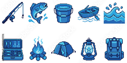 A collection of blue pixel art icons depicting camping and fishing gear including a fishing rod, fish, bucket, boat, waves, tackle box, campfire, tent, lantern, and backpack.