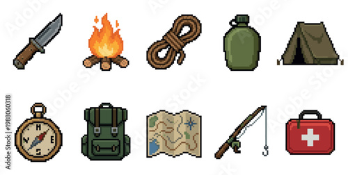 A collection of pixel art icons representing essential camping and outdoor adventure gear, including a knife, fire, rope, canteen, tent, compass, backpack, map, fishing rod, and first aid kit.