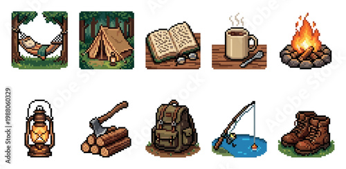A collection of pixel art illustrations depicting various camping and outdoor adventure elements in a rustic style, perfect for games or digital design.