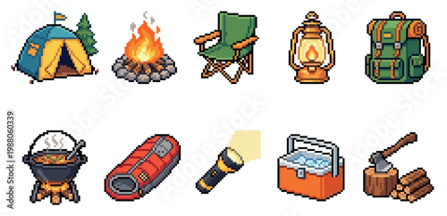 A vibrant pixel art collection featuring essential camping gear like a tent, campfire, chair, lantern, backpack, and cooking pot, ideal for outdoor themes.