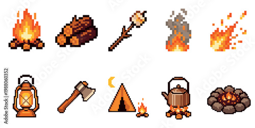 A collection of pixel art icons featuring various camping elements like bonfires, logs, a marshmallow on a stick, a lantern, an axe, a tent, and a kettle.