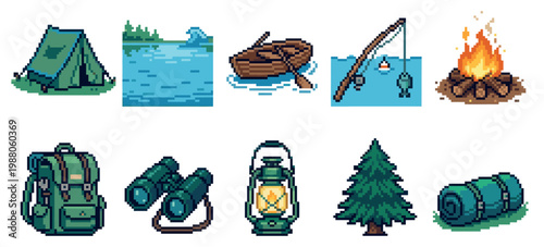 A collection of pixel art icons representing camping and outdoor adventure, including a tent, boat, fishing gear, campfire, backpack, binoculars, lantern, tree, and sleeping bag.