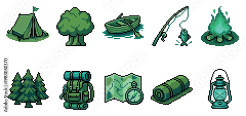 A pixel art collection of camping and outdoor adventure essentials including a tent, backpack, fishing rod, campfire, and map, perfect for game development or retro design.