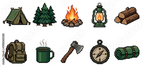 A collection of pixel art icons featuring essential camping gear, including a tent, trees, campfire, lantern, logs, backpack, mug, axe, compass, and sleeping bag.