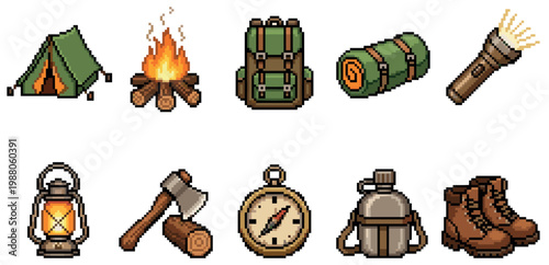 A vibrant pixel art collection of essential camping equipment including a tent, campfire, backpack, sleeping bag, flashlight, lantern, axe, compass, canteen, and boots on a white background.