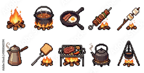 A collection of pixel art icons depicting various camping and outdoor cooking scenes, including campfires, cooking pots, grilling, and roasting marshmallows.