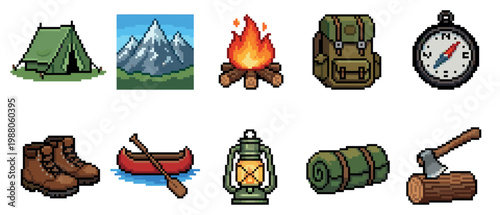 A collection of pixel art icons representing various camping and outdoor adventure equipment including a tent, mountains, campfire, backpack, compass, boots, canoe, lantern, sleeping bag, and axe.