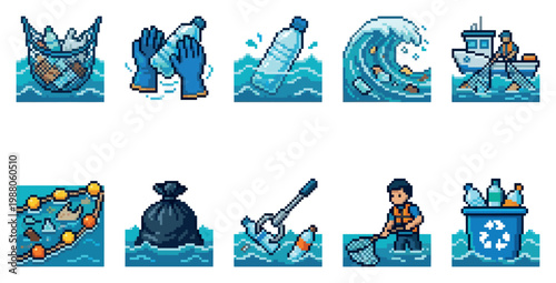 Collection of pixel art icons illustrating ocean pollution and cleanup efforts, featuring trash, waves, boats, and people.