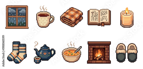 Collection of charming pixel art icons depicting a rainy window, hot drink, blanket, book, candle, socks, teapot, soup, fireplace, and slippers.