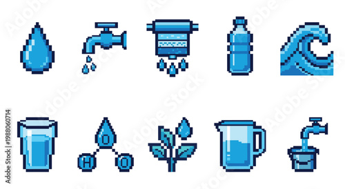A collection of pixel art icons featuring various water-related elements like drops, faucets, filters, bottles, waves, glasses, and pitchers in shades of blue.