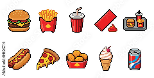 A collection of pixel art icons representing popular fast food items like burgers, fries, pizza, and ice cream, rendered in a vibrant 8-bit style on a white background.