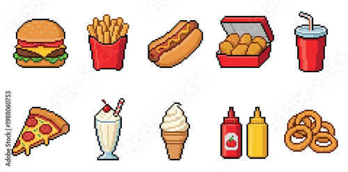 A collection of pixel art icons depicting various fast food items on a white background, including a burger, fries, hot dog, and pizza.