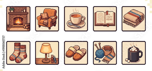 A collection of pixel art icons depicting cozy winter activities and items, including a fireplace, armchair, hot drink, book, and knitted accessories.