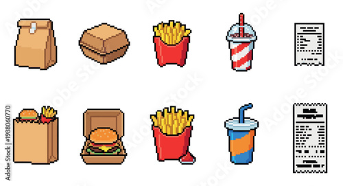 A collection of retro pixel art icons depicting various fast food items like burgers, fries, drinks, and bills, isolated on a white background for easy use.