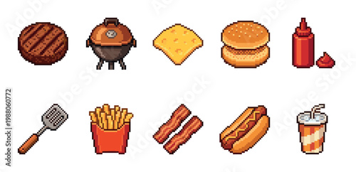 A collection of pixel art icons representing various BBQ and fast food items like burgers, hot dogs, fries, and a grill, perfect for retro gaming or web design.