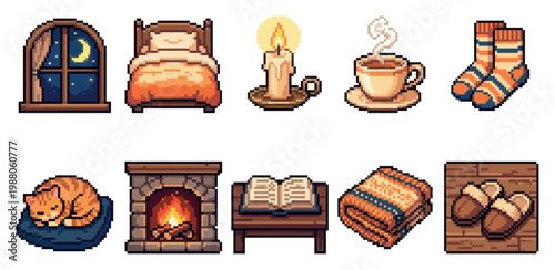 A collection of charming pixel art icons depicting cozy winter essentials like a fireplace, warm socks, and a sleeping cat.