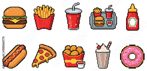 A vibrant collection of pixel art icons representing various fast food items, perfect for retro game design, digital art, or creative projects.