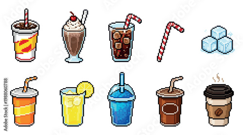 A pixel art collection featuring various cold and hot beverages including soda, milkshake, lemonade, coffee, and frozen drinks, with ice cubes and candy canes.
