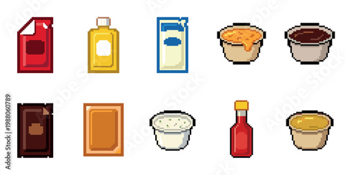 A collection of pixel art illustrations depicting various sauces and condiments in different containers, presented on a white background.