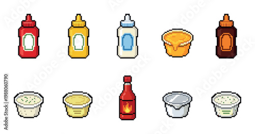 A vibrant pixel art collection of various sauces and condiments, including ketchup, mustard, mayonnaise, barbecue sauce, and dips, isolated on a white background.