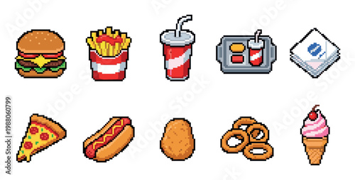 A colorful pixel art collection featuring popular fast food items like a burger, fries, soda, pizza, and ice cream, perfect for retro or playful designs.