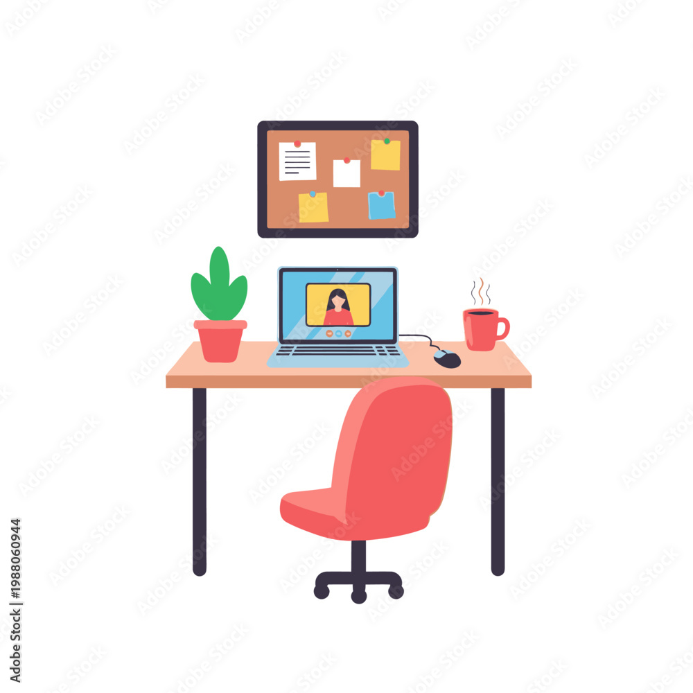 Fototapeta premium Home office setup with laptop video call, plant, coffee mug, and bulletin board