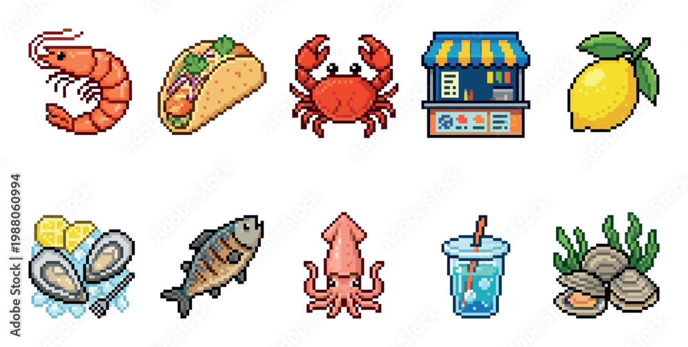 Fototapeta premium A collection of pixel art icons featuring various seafood items and related elements, including shrimp, taco, crab, food stall, lemon, oysters, fish, squid, drink, and clams.