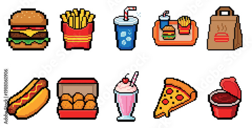 A vibrant collection of pixel art illustrations depicts popular fast food items like burgers, fries, pizza, and drinks, perfect for digital designs and retro gaming themes.