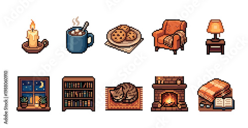 A collection of pixel art icons depicting cozy home elements, perfect for creating a warm and inviting atmosphere in digital designs.