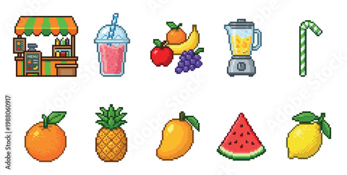 A collection of pixel art elements featuring a fruit stand, smoothie, fruits, and a blender, perfect for retro game design or healthy food concepts.