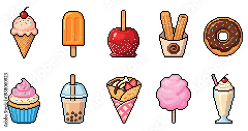 A vibrant collection of pixel art treats including ice cream, donut, churros, candy apple, cupcake, bubble tea, crepe, cotton candy, and milkshake on a white background.