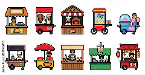 A colorful collection of pixel art food stalls, each featuring a vendor and various treats like tacos, shawarma, pizza, popcorn, and boba tea.
