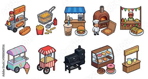A collection of isometric pixel art food stalls and vendors, including hot dogs, fries, bubble tea, burgers, pizza, tacos, ice cream, popcorn, baked goods, and lemonade, perfect for games or design.