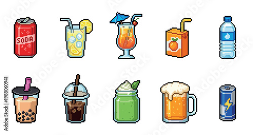 A collection of retro pixel art style drinks including soda, juice, cocktails, water, boba, coffee, and energy drinks.