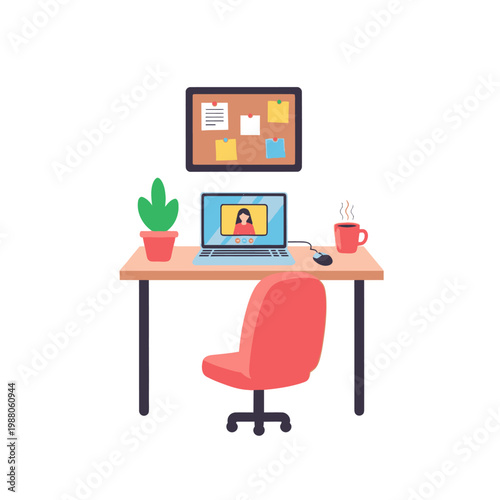 Home office setup with laptop video call, plant, coffee mug, and bulletin board