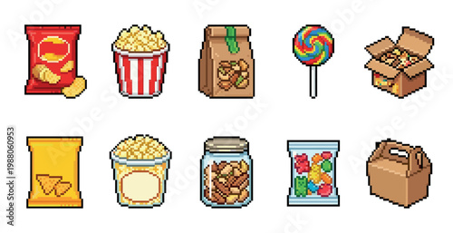 A collection of pixel art icons representing various snacks like chips, popcorn, nuts, lollipops, and gummy candies on a white background.