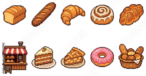 A delightful pixel art collection features a variety of baked goods including bread, croissants, cinnamon rolls, pies, donuts, and a charming bakery stall.
