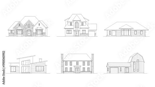Various modern and traditional home exterior designs in detailed line art